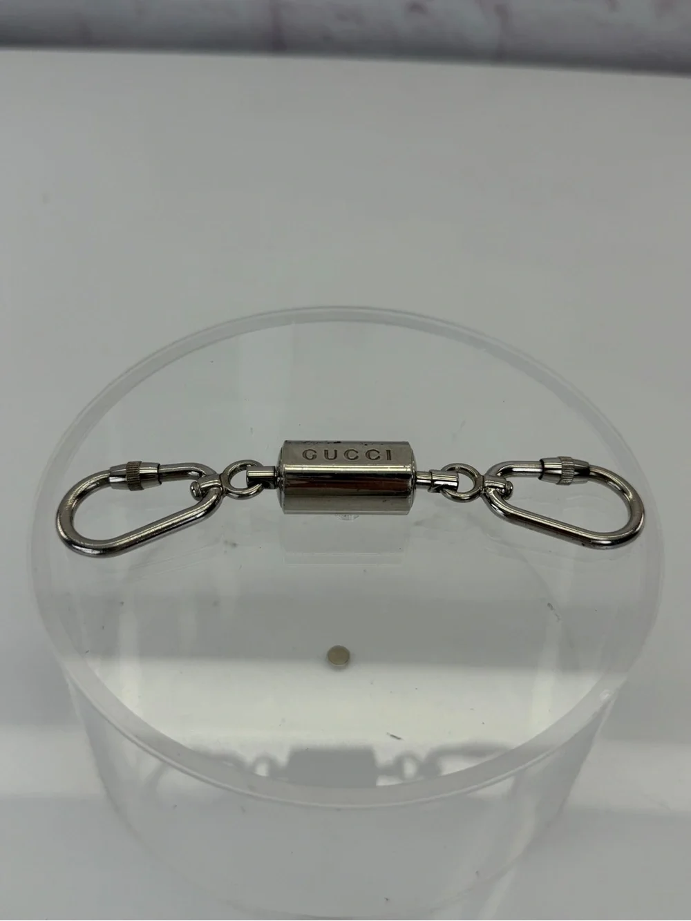 Gucci Logo Silver Tone Carabiner Double Key Ring Holder Charm Made in Italy Used